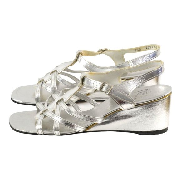Vintage Town Flair Shoes - Metallic Silver Shoes, Strappy Sandals, Wedge Heels, Women's Size 7.5 B, Town Fl